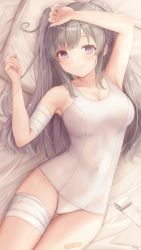 Rule 34 | 1girl, ahoge, armpits, bandages, bandaid, bandaid on face, bandaid on forehead, breasts, cleavage, cowboy shot, female focus, gameso, grey hair, highres, idolmaster, idolmaster shiny colors, long hair, looking at viewer, lying, medium breasts, one-piece swimsuit, pillow, purple eyes, school swimsuit, solo, swimsuit, white one-piece swimsuit, yukoku kiriko