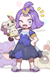 Rule 34 | 1girl, acerola (pokemon), blush, creatures (company), domaguri, dress, flower, full body, game freak, gen 1 pokemon, gen 7 pokemon, gengar, hair ornament, hand on own hip, highres, holding, looking at viewer, mimikyu, nintendo, notice lines, one eye closed, open mouth, patchwork clothes, pokemon, pokemon (anime), pokemon (creature), pokemon sm (anime), purple hair, red flower, sandals, sandygast, short hair, short sleeves, simple background, standing, topknot, twitter username, white background