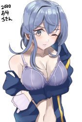 Rule 34 | 1girl, ;(, artist name, blue hair, blush, bra, breasts, chicken (chickenx), cleavage, dated, gotland (kancolle), hair between eyes, hair bun, kantai collection, long hair, medium breasts, military, military uniform, mole, mole under eye, navel, one-hour drawing challenge, open clothes, open shirt, purple bra, simple background, single hair bun, solo, striped bra, striped clothes, underwear, uniform, vertical-striped bra, vertical-striped clothes, white background