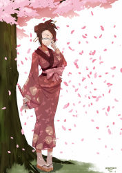 Rule 34 | 00s, 1girl, 2014, adjusting eyewear, artist name, bad id, bad pixiv id, bespectacled, brown hair, clog sandals, closed eyes, dated, fuu (samurai champloo), glasses, hair ornament, hair stick, highres, japanese clothes, kimono, knife, petals, pigeon-toed, samurai champloo, sandals, sheath, sheathed, short hair, solo, standing, stormcow, sword, toes, tree, wakizashi, weapon, white background, zouri
