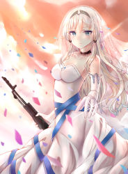 Rule 34 | 1girl, absurdres, alternate costume, an-94, an-94 (girls&#039; frontline), assault rifle, bare shoulders, blonde hair, blue eyes, blush, braid, breasts, bridal veil, choker, closed mouth, collarbone, confetti, dress, elbow gloves, evening, french braid, girls&#039; frontline, gloves, gun, hair between eyes, hair ribbon, hairband, highres, holding, holding gun, holding weapon, impossible clothes, jewelry, long hair, looking away, looking down, medium breasts, orange sky, ribbon, rifle, ring, sidelocks, sky, sparkle, strapless, strapless dress, tress ribbon, veil, weapon, wedding band, wedding dress, white dress, white gloves, wind, yunmoew