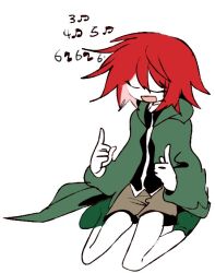 Rule 34 | 1other, androgynous, black shirt, brown shorts, closed eyes, coat, colored skin, green coat, hair between eyes, hands up, hood, hood down, hooded coat, kneeling, len&#039;en, ling s, long sleeves, music, no nose, open mouth, other focus, red hair, shirt, shitodo hooaka, short hair, shorts, simple background, singing, sketch, smile, solo, white background, white skin