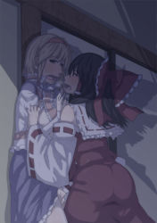 Rule 34 | 2girls, against wall, alice margatroid, ass, blonde hair, blue eyes, bow, breath, capelet, clothes grab, detached sleeves, female focus, gogyoo hiroshi, hair bow, hair tubes, hakurei reimu, hand on another&#039;s face, moonlight, multiple girls, night, open mouth, shadow, skirt, skirt set, sweat, touhou, wide sleeves, yuri