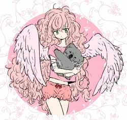 Rule 34 | 1girl, animal, bandaged arm, bandages, blush, closed mouth, curly hair, feathered wings, green eyes, hair between eyes, holding, holding animal, koala, long hair, mokeo, original, pink hair, pink shirt, pink shorts, pink wings, shirt, short sleeves, shorts, simple background, very long hair, wings