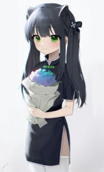 1girl absurdres animal_ear_fluff animal_ears bad_id bad_pixiv_id black_dress black_hair blue_archive bouquet china_dress chinese_clothes dress flower green_eyes grey_background highres long_hair short_sleeves shun_(blue_archive) shun_(small)_(blue_archive) simple_background smile solo thighhighs thighs tiger_ears tiger_girl twintails white_thighhighs yonchan