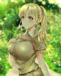 Rule 34 | 1girl, absurdres, belt, blonde hair, breasts, bush, closed mouth, collar, collared shirt, dated, dirt road, forest, frilled collar, frills, from side, grass, hand on own chest, highres, impossible clothes, khakis, large breasts, lens flare, light rays, lips, looking at viewer, nakura haru, nature, nijisanji, ponytail, road, shirt, short sleeves, sidelocks, signature, sister claire, sister claire (3rd costume), smile, solo, sunbeam, sunlight, tan shirt, tree, upper body, virtual youtuber, yellow eyes