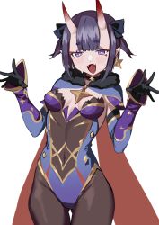 Rule 34 | 1girl, :d, black gloves, black pantyhose, blue leotard, blush, cape, cosplay, covered navel, eyeliner, fangs, fate/grand order, fate (series), genshin impact, gloves, hikimayu, horns, leotard, looking at viewer, makeup, mona (genshin impact), mona (genshin impact) (cosplay), open mouth, pantyhose, purple eyes, purple hair, shuten douji (fate), simple background, skin-covered horns, smile, solo, sweat, white background, wtcolor