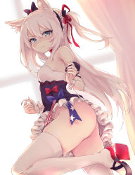 Rule 34 | 1girl, american flag, american flag print, animal ears, ass, azur lane, bare shoulders, blue eyes, blush, bow, breasts, cat ears, choker, closed mouth, dress, embarrassed, flag print, frilled dress, frills, from side, hair between eyes, hair bow, hair ribbon, haishiki, hammann (azur lane), headdress, highres, holding, indoors, leg up, long hair, looking at viewer, medium breasts, open mouth, panties, puffy short sleeves, puffy sleeves, red ribbon, ribbon, rudder footwear, short sleeves, side-tie panties, sidelocks, silver hair, solo, thighhighs, thighs, tsurime, underwear, untied panties, very long hair, wavy mouth, white thighhighs, wristband