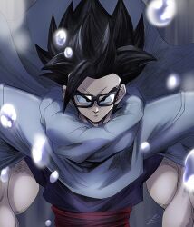 1boy absurdres black-framed_eyewear black_hair cape closed_mouth commentary_request dragon_ball frown glasses highres looking_at_viewer male_focus rectangular_eyewear solo son_gohan spiked_hair thick_eyebrows v-shaped_eyebrows water_drop white_cape yuuri_(fukuroudou)