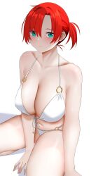 Rule 34 | 1girl, absurdres, arind yudha, bare shoulders, bikini, boudica (fate), breasts, cleavage, collarbone, fate/grand order, fate (series), green eyes, highres, large breasts, looking at viewer, navel, o-ring, red hair, short hair, short ponytail, sitting, smile, solo, swimsuit, thighs, white bikini