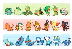 Rule 34 | 00s, 10s, 1990s (style), artist name, beak, bird, bulbasaur, cat, charmander, chespin, chikorita, chimchar, creatures (company), cyndaquil, dragon, everyone, fangs, fennekin, fire, flame-tipped tail, fox, froakie, frog, game freak, gecko, gen 1 pokemon, gen 2 pokemon, gen 3 pokemon, gen 4 pokemon, gen 5 pokemon, gen 6 pokemon, gen 7 pokemon, hedgehog, huiro, litten, looking at viewer, monkey, mudkip, nintendo, no humans, oshawott, owl, pig, piplup, pokemon, pokemon (creature), pokemon bw, pokemon dppt, pokemon gsc, pokemon rgby, pokemon rse, pokemon sm, pokemon xy, popplio, retro artstyle, rowlet, seal (animal), snivy, squirtle, starter pokemon trio, tail, tepig, torchic, totodile, treecko, turtle, turtwig, wings