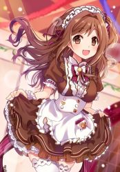 Rule 34 | 1girl, :3, apron, bad id, bad twitter id, black shirt, black skirt, blouse, bow, bowtie, breasts, brown eyes, brown hair, clothes lift, frilled apron, frilled skirt, frilled thighhighs, frills, hair bow, hair ornament, idolmaster, idolmaster cinderella girls, idolmaster cinderella girls starlight stage, indoors, long hair, looking at viewer, maid, maid apron, maid headdress, medium breasts, omuretsu, open mouth, pocket, puffy short sleeves, puffy sleeves, ribbon, shimamura uzuki, shirt, short sleeves, skirt, skirt lift, smile, thighhighs, wavy hair, white thighhighs, wrist cuffs