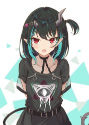 Rule 34 | 1girl, black dress, black hair, blue hair, blush, breasts, commentary request, cowboy shot, demon girl, demon horns, demon tail, dress, eye hair ornament, eye of providence, fang, highres, horns, looking at viewer, medium hair, multicolored hair, nanashi inc., official alternate costume, one side up, open mouth, pointy ears, red eyes, shishio chris, shishio chris (3rd costume), shishishi, short sleeves, skin fang, small breasts, solo, sugar lyric, tail, two-tone hair, virtual youtuber, white background