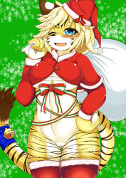 Rule 34 | 1girl, anger vein, artist request, blonde hair, blue eyes, bottomless, christmas, fullbokko heroes, furry, furry female, hat, highres, open mouth, pussy, santa hat, short hair, solo, tiger, uncensored, zhang fei (fullbokko heroes)