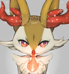 Rule 34 | 1other, animal ear fluff, animal ears, animal nose, artist name, body fur, braixen, bright pupils, creatures (company), crown, drawn crown, fire, fox ears, furry, game freak, gen 6 pokemon, grey background, hands up, highres, looking at viewer, neck fur, nintendo, other focus, pokemon, pokemon (creature), portrait, pyrokinesis, red eyes, redcat13, signature, simple background, solo, sparkle, star (symbol), straight-on, two-tone fur, white fur, white pupils, yellow fur