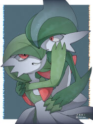 Rule 34 | 1boy, 1girl, arm around shoulder, arm blade, arm up, artist name, blue background, blue hair, bob cut, border, chromatic aberration, colored skin, creatures (company), eye contact, flat chest, gallade, game freak, gardevoir, gen 3 pokemon, gen 4 pokemon, green hair, green skin, grin, hair over one eye, hand on another&#039;s cheek, hand on another&#039;s hand, hand on another&#039;s shoulder, hand on own stomach, happy, hetero, highres, kinunuko, looking at another, looking down, looking up, lying on lap, mohawk, multicolored hair, multicolored skin, nintendo, one eye covered, pokemon, pokemon (creature), red eyes, short hair, simple background, sitting, smile, teeth, twitter username, two-tone hair, two-tone skin, watermark, weapon, white border, white skin