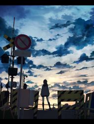 Rule 34 | 1girl, bad id, bad pixiv id, barricade, black hair, black socks, cardigan, cloud, day, from behind, full body, hair blowing, kneehighs, letterboxed, loafers, long hair, no entry sign, original, outdoors, pleated skirt, railing, railroad crossing, railroad signal, road sign, sailor collar, shoes, sign, skirt, sky, socks, solo, standing, tadano tsukasa, twilight, wide shot, wind