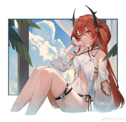 Rule 34 | 1girl, absurdres, arknights, bikini, black bikini, bracelet, burnt clothes, closed mouth, cloud, commentary request, criss-cross halter, cropped legs, demon girl, demon horns, expressionless, hair ornament, hair rings, halterneck, hand up, highres, horns, jewelry, knees up, long hair, looking at viewer, musan (musansansan), navel, official alternate costume, purple eyes, red hair, solo, star (symbol), star hair ornament, surtr (arknights), surtr (colorful wonderland) (arknights), swimsuit, thigh strap, very long hair