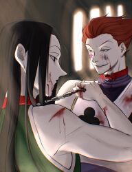 Rule 34 | 2boys, belt collar, black hair, blood, blood on clothes, blood on face, chain, chain leash, collar, cuts, earrings, empty eyes, enyalee, facial mark, from behind, hair slicked back, hand up, highres, hisoka morow, hunter x hunter, illumi zoldyck, injury, jewelry, leash, light rays, long hair, male focus, multiple boys, red hair, seductive smile, short hair, sleeveless, smile, upper body