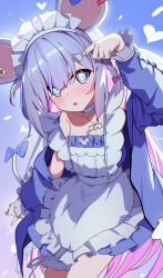 Rule 34 | 1girl, animal ears, apron, arm up, blue bow, blue choker, blue eyes, blue hair, blue jacket, blush, bow, choker, collarbone, commentary request, ear piercing, frilled apron, frilled sleeves, frills, grey apron, heart, highres, jacket, jersey maid, long hair, long sleeves, looking at viewer, maid, maid apron, maid headdress, mouse ears, mouse girl, mouse tail, multicolored hair, ohihil, open clothes, open jacket, original, parted lips, piercing, pink hair, puffy long sleeves, puffy sleeves, sleeves past wrists, solo, tail, tail bow, tail ornament, track jacket, two-tone hair, unconventional maid, very long hair