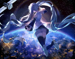 Rule 34 | 1girl, absurdly long hair, backlighting, blue hair, boots, detached sleeves, eno ko, from behind, hatsune miku, highres, long hair, panties, pino ko, planet, satellite, skirt, solo, space, thigh boots, thighhighs, twintails, underwear, very long hair, vocaloid
