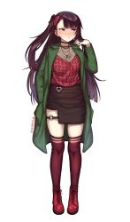 Rule 34 | 1girl, alternate costume, artist name, blouse, blush, boots, bsapricot, cross-laced footwear, fishnet top, fishnets, full body, girls&#039; frontline, hair ribbon, half-closed eyes, highres, lace-up boots, long coat, miniskirt, purple hair, red eyes, red shirt, red thighhighs, ribbon, shirt, shoes, simple background, skirt, solo, thighhighs, v-shaped eyebrows, wa2000 (girls&#039; frontline), white background