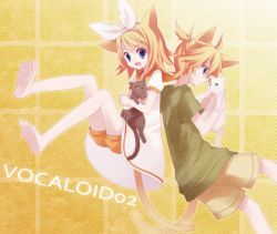 Rule 34 | 1boy, 1girl, animal ears, bad id, bad pixiv id, barefoot, blonde hair, blue eyes, brother and sister, cat, cat ears, cat tail, feet, hair ornament, hair ribbon, hairclip, kagamine len, kagamine rin, koto (colorcube), ribbon, short hair, siblings, smile, tail, twins, vocaloid
