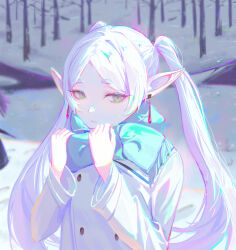 Rule 34 | 1girl, blue scarf, coat, earrings, elf, forest, frieren, gem, green eyes, jewelry, long pointy ears, long sleeves, nature, outdoors, pointy ears, red gemstone, sansan (dongfangzhong111), scarf, snow, solo, sousou no frieren, tsurime, twintails, white coat, white hair, winter