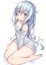 Rule 34 | 1girl, bare shoulders, blue eyes, blue hair, blush, breasts, closed mouth, hair between eyes, hibiki (kancolle), highres, kantai collection, long hair, looking at viewer, on bed, open mouth, silver hair, simple background, sitting, small breasts, solo, sweater, thighs, twitter username, verniy (kancolle), wariza, white background, yukishiro arte