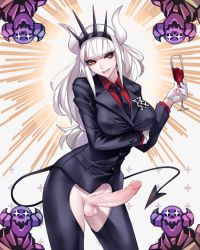 Rule 34 | 1girl, alcohol, arm under breasts, ban! (bansankan), black jacket, black neckwear, black pants, black tail, breasts, business suit, collared shirt, cowboy shot, crotchless, crotchless pants, cup, demon girl, demon horns, demon tail, drinking glass, erection, eyebrows visible through hair, formal, full-package futanari, futanari, gloves, hair ornament, head tilt, heart, helltaker, highres, holding, holding cup, horns, jacket, large breasts, long hair, long sleeves, looking at viewer, lucifer (helltaker), medium breasts, mole, mole under eye, monster girl, necktie, neckwear, pants, penis, red eyes, red shirt, shirt, simple background, smile, smirk, solo, suit, tail, testicles, third-party edit, uncensored, upper body, veins, veiny penis, very long hair, white background, white gloves, white hair, white horns, wine, wine glass