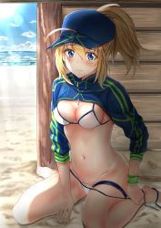 Rule 34 | 1girl, absurdres, ahoge, artoria pendragon (fate), bare legs, barefoot, baseball cap, beach, bikini, blonde hair, blue eyes, blue hat, blue sky, blush, breasts, cleavage, closed mouth, commentary request, day, fate/grand order, fate (series), hair through headwear, hat, highres, horizon, huge filesize, long hair, long sleeves, looking at viewer, medium breasts, mysterious heroine x (fate), mysterious heroine xx (fate), navel, ocean, ponytail, sand, shrug (clothing), sidelocks, sitting, sky, solo, stomach, sunlight, swimsuit, thigh strap, thighs, toratora (nanahaba), untied bikini, wariza, water, white bikini