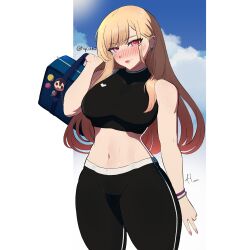Rule 34 | 1girl, absurdres, armpit crease, artist name, bag, bead bracelet, beads, black pants, black tank top, blonde hair, blue sky, blush, bracelet, breasts, cloud, ear piercing, earrings, highres, holding, holding bag, hycatoart, jewelry, kitagawa marin, large breasts, long hair, looking at viewer, mixed-language commentary, navel, pants, parted bangs, piercing, pink eyes, red lips, signature, sky, smile, solo, sono bisque doll wa koi wo suru, sweat, tank top, white background, yoga pants