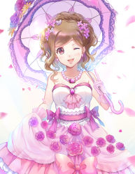 Rule 34 | 10s, 1girl, ;d, alternate hairstyle, bare shoulders, bead necklace, beads, bow, braid, breasts, bridal veil, bride, cleavage, cowboy shot, crown braid, dress, earrings, ekita kuro, eyebrows, flower, frills, gem, glint, gloves, hair flower, hair ornament, holding, holding umbrella, jewelry, lace trim, light particles, looking at viewer, medium breasts, motion blur, necklace, one eye closed, open mouth, osomatsu-san, parasol, parted bangs, pearl necklace, petals, pink bow, pink flower, pink gloves, pink ribbon, pointing, pointing at self, ponytail, red eyes, ribbon, sash, see-through, sidelocks, smile, solo, strapless, strapless dress, todoko (osomatsu-san), umbrella, veil, wavy hair, wedding dress, white background, white dress