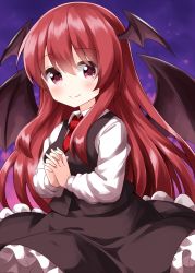 Rule 34 | 1girl, bat wings, black skirt, black vest, blush, closed mouth, cowboy shot, hair between eyes, head wings, highres, koakuma, long hair, long sleeves, looking at viewer, necktie, own hands clasped, own hands together, petticoat, purple background, red eyes, red hair, red necktie, ruu (tksymkw), shirt, sidelocks, simple background, skirt, smile, solo, touhou, vest, white shirt, wind, wing collar, wings