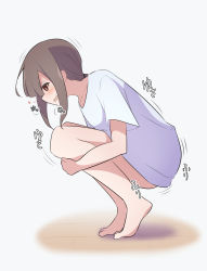 Rule 34 | 1girl, barefoot, blunt bangs, blush, bottomless, bright pupils, brown eyes, brown hair, collarbone, feet, female focus, flat chest, from side, full body, gradient background, grey background, hair tie, have to pee, heart, heavy breathing, hugging own legs, japanese text, leaning forward, long hair, motion lines, open mouth, original, ponytail, profile, shirt, short sleeves, sidelocks, sideways mouth, simple background, solo, squatting, sweat, translation request, trembling, watakarashi, white pupils, white shirt, wooden floor
