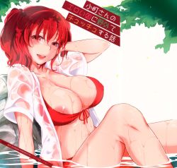 Rule 34 | 1girl, :d, areola slip, bikini, blush, breasts, cleavage, collarbone, cover, cover page, female focus, front-tie top, hand in own hair, highres, large breasts, legs, looking at viewer, mitsugi, nipple slip, nipples, onozuka komachi, open clothes, open mouth, open shirt, partially submerged, red bikini, red eyes, red hair, see-through, shirt, short hair, sitting, smile, solo, swimsuit, touhou, twintails, two side up, wading, water, wet, wet clothes, wet shirt