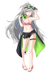 Rule 34 | absurdres, aek-999 (girls&#039; frontline), armpits, breasts, cleavage, clothes around waist, collarbone, earmuffs, girls&#039; frontline, google glass, grey hair, highres, ivan wang, jacket, jacket around waist, long hair, looking at viewer, medium breasts, navel, one eye closed, open mouth, sandals, solo, swimsuit, very long hair, white background
