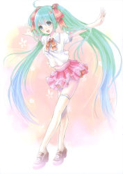 Rule 34 | 1girl, absurdres, ahoge, blue eyes, flower, green hair, hair ornament, hairpin, happy, hatsune miku, high heels, highres, kazuharu kina, loafers, long hair, outstretched arms, pleated skirt, ribbon, school uniform, shoes, skirt, solo, spread arms, thighhighs, tiptoes, twintails, very long hair, vocaloid