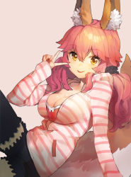 Rule 34 | 10s, 1girl, animal ears, arm support, bad id, bad pixiv id, beige background, black thighhighs, breasts, brown eyes, cleavage, fate/extra, fate/extra ccc, fate (series), fox ears, fox tail, hair between eyes, hair ornament, hair over shoulder, hair scrunchie, hood, hooded jacket, hoodie, jacket, leaning back, leg up, long hair, looking at viewer, low twintails, medium breasts, official alternate costume, pink hair, scrunchie, short shorts, shorts, shovelwell, simple background, sitting, sleeves past wrists, solo, striped clothes, striped hoodie, tail, tamamo (fate), tamamo no mae (fate/extra), tamamo no mae (spring casual) (fate), thighhighs, twintails, v