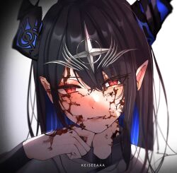Rule 34 | 1girl, alternate ears, asymmetrical horns, black hair, blood, blood on face, blue hair, colored inner hair, demon horns, hair ornament, highres, hololive, hololive english, horns, keisea, long hair, looking at viewer, mole, mole under eye, multicolored hair, nerissa ravencroft, pointy ears, red eyes, smile, solo, two-tone hair, uneven horns, virtual youtuber
