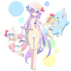 Rule 34 | &gt; &lt;, 3girls, :d, ayakashi (monkeypanch), barefoot, bat wings, bikini, blonde hair, blue bow, blue hair, blue ribbon, book, bow, commentary request, crescent, crescent hair ornament, flandre scarlet, hair bow, hair ornament, hat, hat ribbon, highres, holding, holding book, inflatable shark, inflatable toy, innertube, long hair, looking at viewer, micro bikini, mob cap, multiple girls, open mouth, patchouli knowledge, purple eyes, purple hair, red bow, red ribbon, remilia scarlet, ribbon, short hair, smile, standing, sun hat, swim ring, swimsuit, touhou, very long hair, white background, white bikini, wings, xd