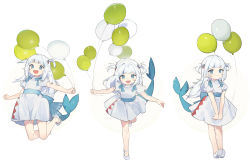 Rule 34 | 1girl, absurdres, balloon, blue eyes, blue hair, blue sash, chinese commentary, commentary request, denpa noise, dress, fins, fish tail, full body, gawr gura, highres, holding, holding balloon, hololive, hololive english, jumping, long hair, mary janes, mixed-language commentary, multicolored hair, no legwear, open mouth, puffy short sleeves, puffy sleeves, sash, shark tail, sharp teeth, shoes, short sleeves, simple background, smile, standing, streaked hair, tail, teeth, two side up, virtual youtuber, white background, white dress, white footwear, white hair