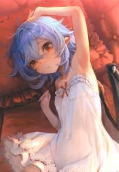 1girl absurdres armpits bat_wings bed blue_hair blush dress eho_(icbm) highres lying on_bed red_eyes remilia_scarlet solo touhou white_dress wings