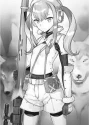 Rule 34 | 1girl, assassins pride, boots, clenched hand, cowboy shot, floating hair, gloves, greyscale, gun, hair between eyes, highres, holding, holding gun, holding weapon, pantyhose under shorts, long hair, looking at viewer, military, military uniform, monochrome, ninomoto, novel illustration, official art, pantyhose, rifle, short shorts, shorts, sniper rifle, solo, standing, thigh boots, thighhighs, twintails, uniform, weapon, wolf