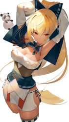 Rule 34 | 1girl, absurdres, armpits, blonde hair, blush, bow, breasts, cleavage, dark-skinned female, dark skin, detached sleeves, elf, expressionless, gloves, hair bow, high ponytail, highres, hololive, kintsuba (shiranui flare), large breasts, long hair, looking at viewer, pointy ears, ponytail, red eyes, scottie (phantom2), shiranui flare, shiranui flare (old design), smile, solo, virtual youtuber