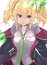 Rule 34 | 1girl, absurdres, black choker, blonde hair, blurry, blurry foreground, breasts, candy, chloe (princess connect!), choker, collared shirt, dappled sunlight, elf, food, green necktie, grey shirt, highres, hood, hooded coat, kamiya mitobe, leaf, lollipop, looking at viewer, loose necktie, medium breasts, necktie, pleated skirt, pointy ears, princess connect!, purple eyes, shirt, simple background, skirt, solo, sunlight, twintails, white background