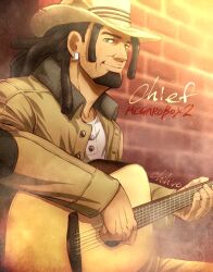 Rule 34 | 1boy, artist name, beard, brick wall, brown eyes, brown jacket, chief (megalo box), chihiro (jnkch6), dreadlocks, earrings, facial hair, hat, highres, jacket, jewelry, long sleeves, megalo box, outdoors, playing guitar, sitting, solo, stubble
