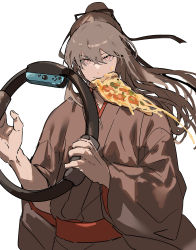 Rule 34 | absurdres, black ribbon, brown hair, brown kimono, cheese trail, commentary request, food, food in mouth, hair between eyes, hair ribbon, highres, holding, japanese clothes, kimono, long hair, long sleeves, looking at viewer, obi, ori (momonimo), original, pizza, pizza slice, ponytail, red eyes, ribbon, ring-con, ring fit adventure, sash, simple background, solo, v-shaped eyebrows, white background, wide sleeves