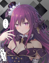 Rule 34 | ..., 1girl, bandaged arm, bandages, bare shoulders, blush, braid, breasts, chain, date a live, dress, hat, highres, long hair, looking at viewer, medium breasts, mini hat, mini top hat, open mouth, purple eyes, purple hair, purple headwear, ren (date a live), stomach growling, top hat, whitel (zou tukasaki)