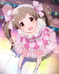 Rule 34 | 10s, 1girl, :d, ahoge, artist request, blush, brown eyes, brown hair, dress, frills, hair ornament, hakozaki serika, heart, idolmaster, idolmaster million live!, looking at viewer, official art, open mouth, skirt, smile, sparkle, twintails